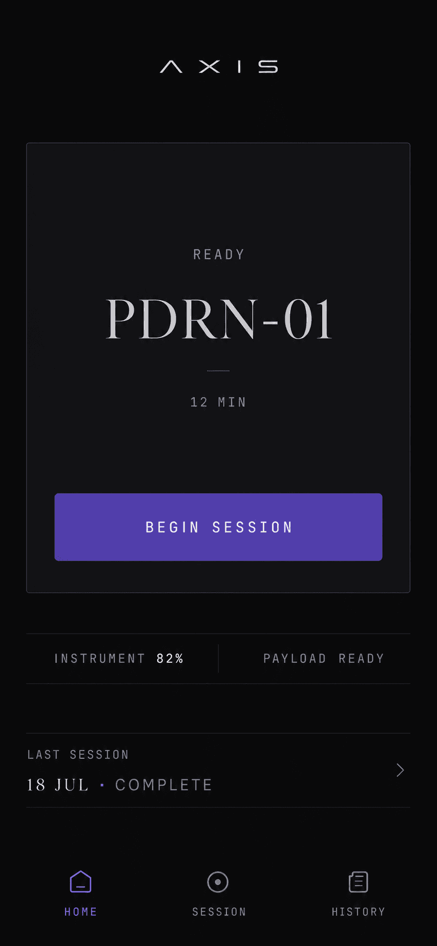 AXIS companion app ready screen for the PDRN-01 protocol