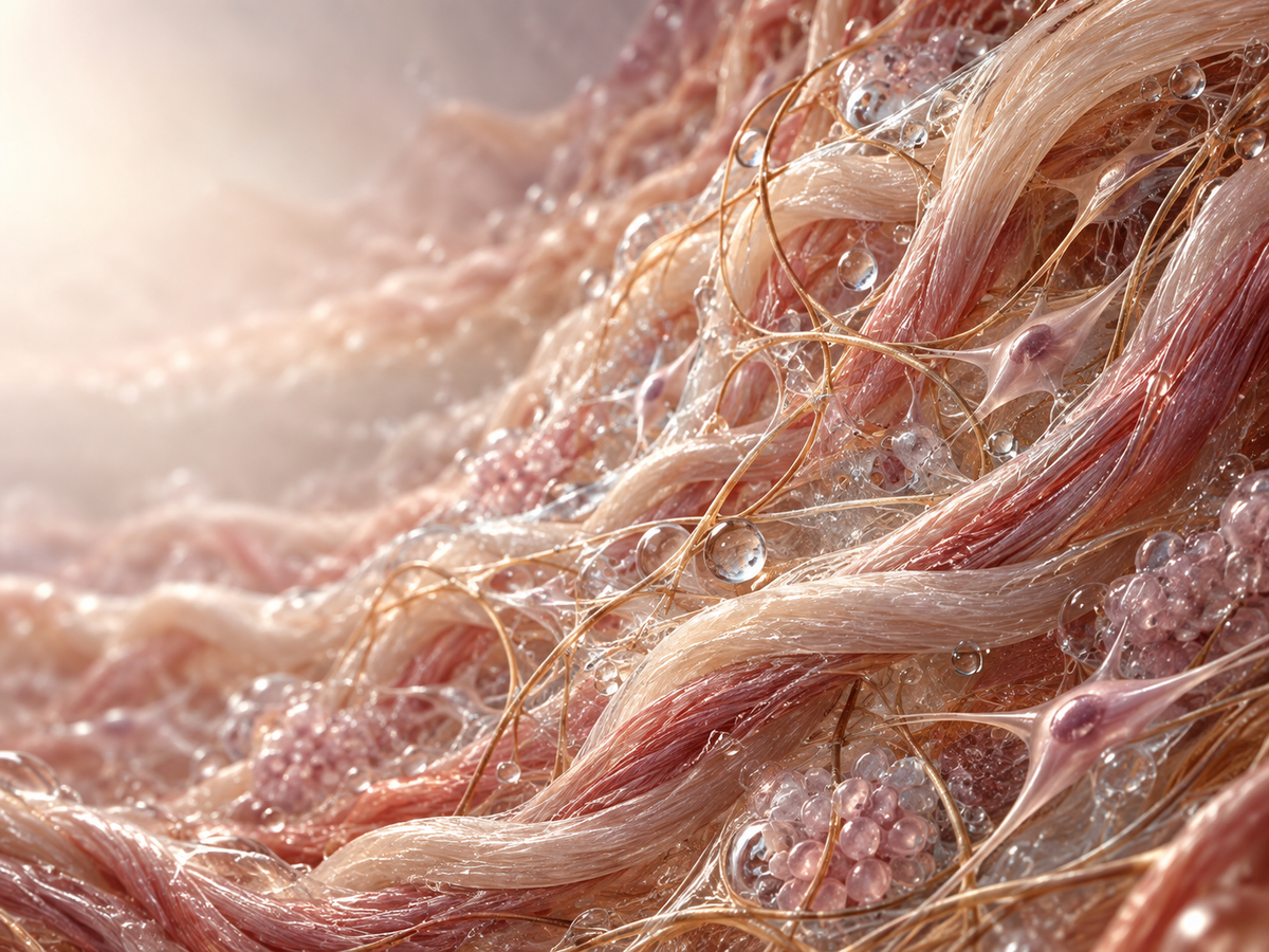 Editorial visualization of the dermal extracellular matrix, showing interwoven collagen fibres, elastic strands and water held through the structure.