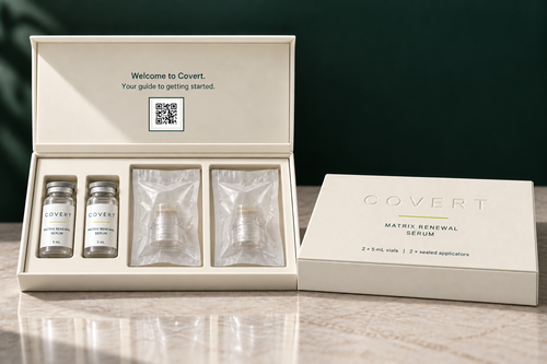 Open and closed Matrix Renewal Serum System packaging with two 5 mL serum vials and two individually sealed snap-on applicators.