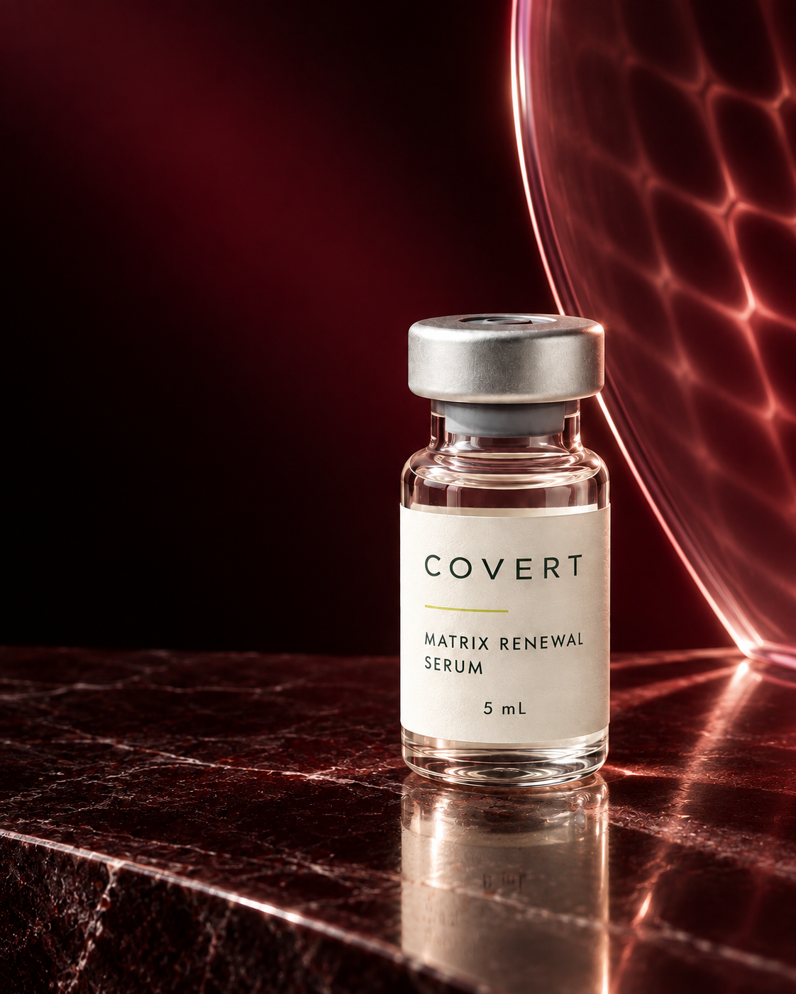 Covert Matrix Renewal Serum in a sealed 5 mL crimp vial. Digital product render.