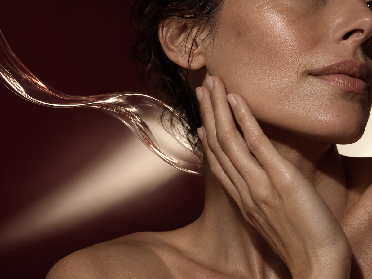 Editorial close-up of natural skin texture with a translucent serum ribbon. AI-generated campaign image.